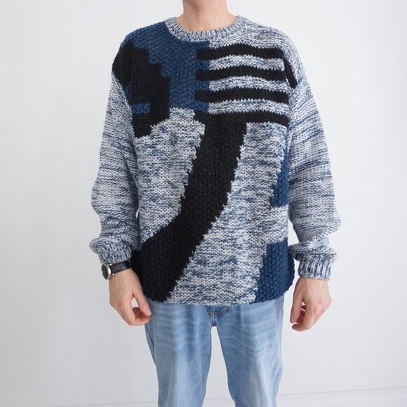 Vintage '80S Street Scenes Blue Black Geometric Fisherman Eclectic Sweater XL - Picture 1 of 9